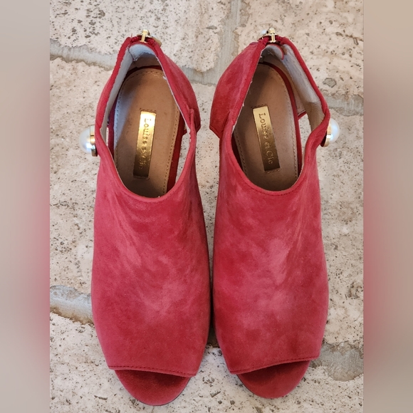 Louis Et Cie Red Leather Suede Open Toe Booties Boots Shoes Heels Pearl Gold 8.5 - Picture 7 of 7